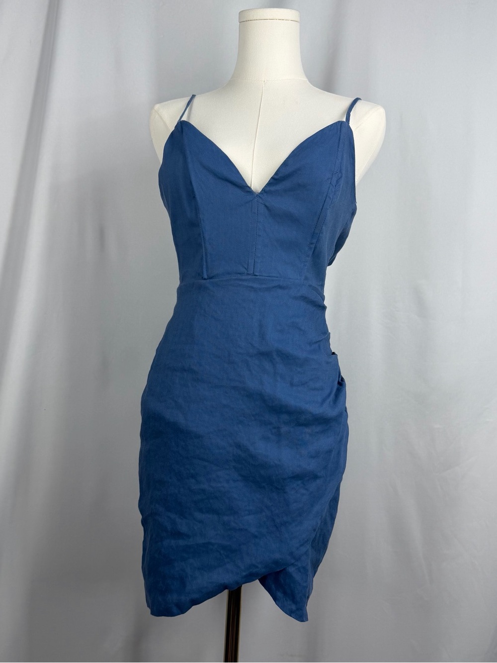 ASTR The Label Blue Ruched Corset Dress XS Faux Wrap Asymmetric Sweetheart Mini